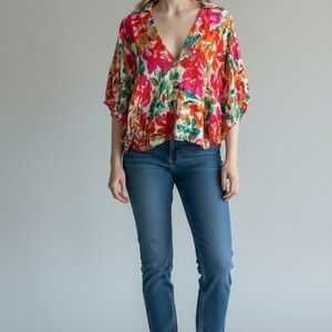 Tallulah Abstract Floral Batwing Kimono Sleeve Crop Button Front Boho Top Sz L